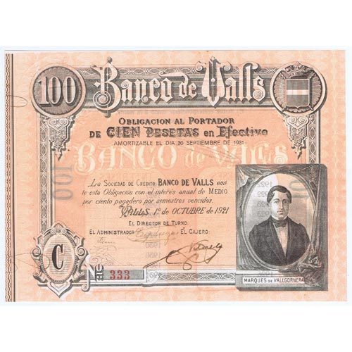 ESPAÑA BANCO DE VALLS 100 PESETAS OCTUBRE 1921 CON FIRMAS  SERIE C 333 EBC - XF - Picture 1 of 2