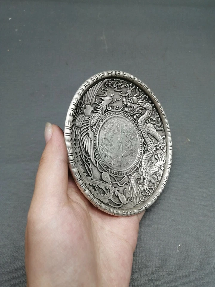 Plato Fénix Dragón Tallado a Mano Plata Antiguo Tíbet Chino 9Cm Foto 3 de 4