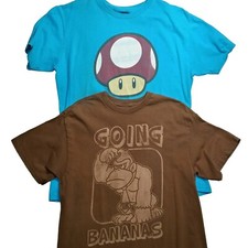 2 Official Super Mario Bros T Shirts L Mushroom Going Bananas DK Nintendo FLAWS
