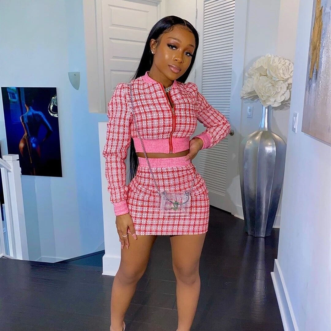 Pink Tweed Jacket & Short Skirt Two Piece Set