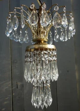 old Vintage Hollywood Regency waterfall Tole brass SWAG lamp crystal chandelier