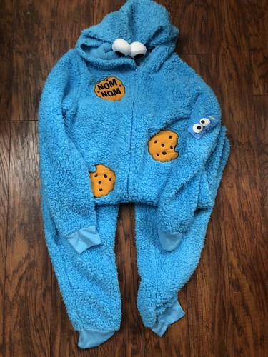 Blue Cookie Monster Pajama Sleeper Jumpsuit Adult Large