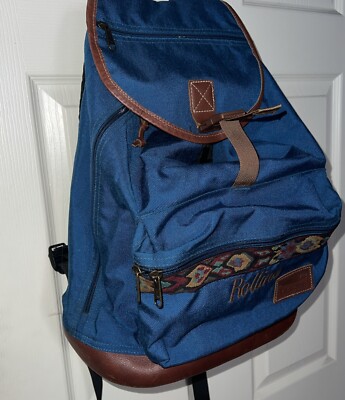 Vintage 90s LL Bean Backpack Blue Nylon Leather Bottom Aztec