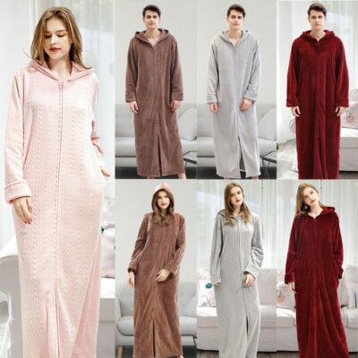 Women Men Homewear Front Zipper Bathrobe Hooded Robe