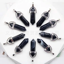 30pcs Natural Black Agate Hexagonal Column Pendants Jewelry Making Wholesales