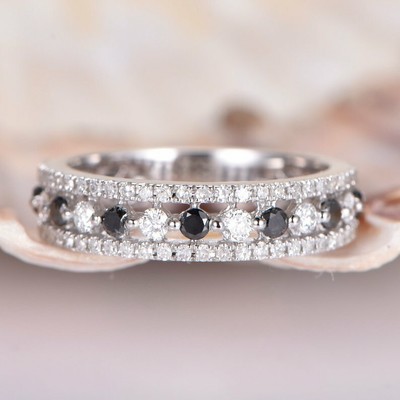 1.10Ct Black & Diamond Wedding Eternity Band Ring 14k White Gold Finish 1.10Ct Black & Diamond Wedding Eternity Band Ring 14k White Gold Finish