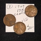 1909 VDB Lincoln Wheat Cent Lot of 3 Coins Circulated VG