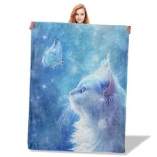 White Cat Butterfly Throw Blanket 50x60, Soft Flannel Cozy 50"x60" Color170