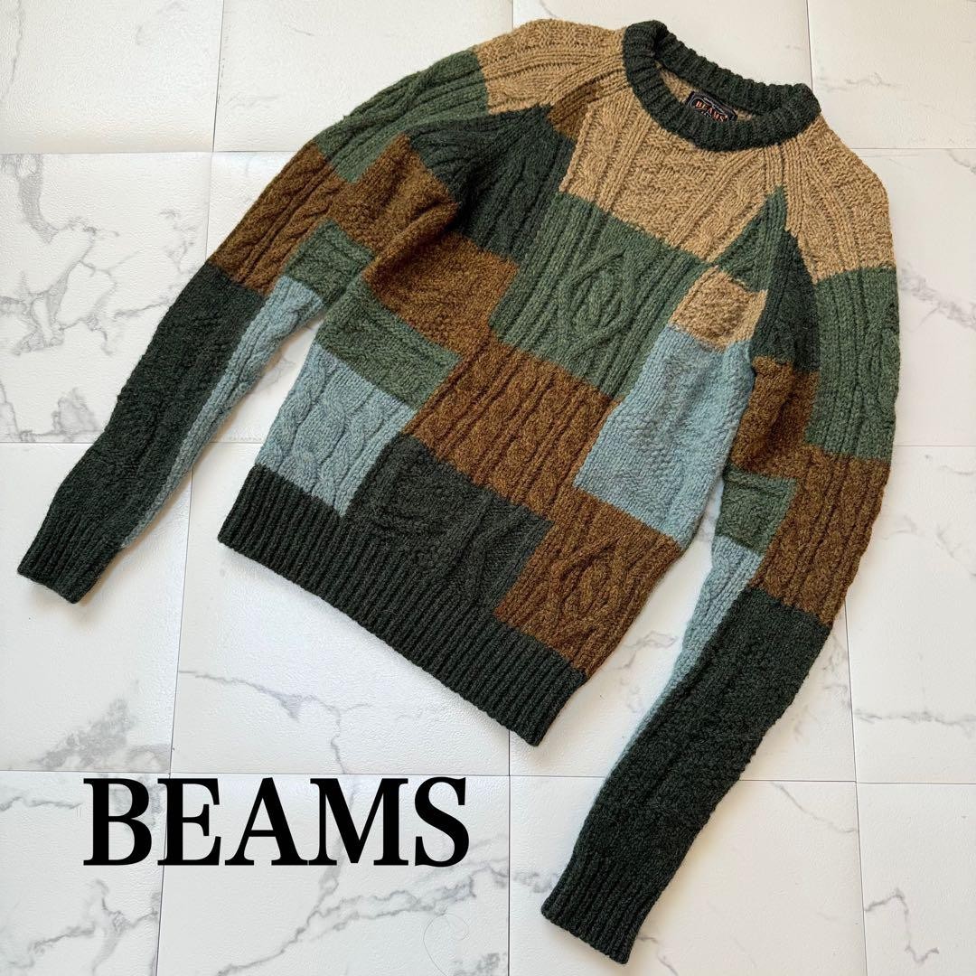 BEAMS Plus Patchwork Knit Sweater Wool Brown/Gree… - image 1
