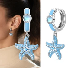 KUNSIR 925 Sterling Silver Blue Starfish Drop Earrings for Women Hoops Jewelry