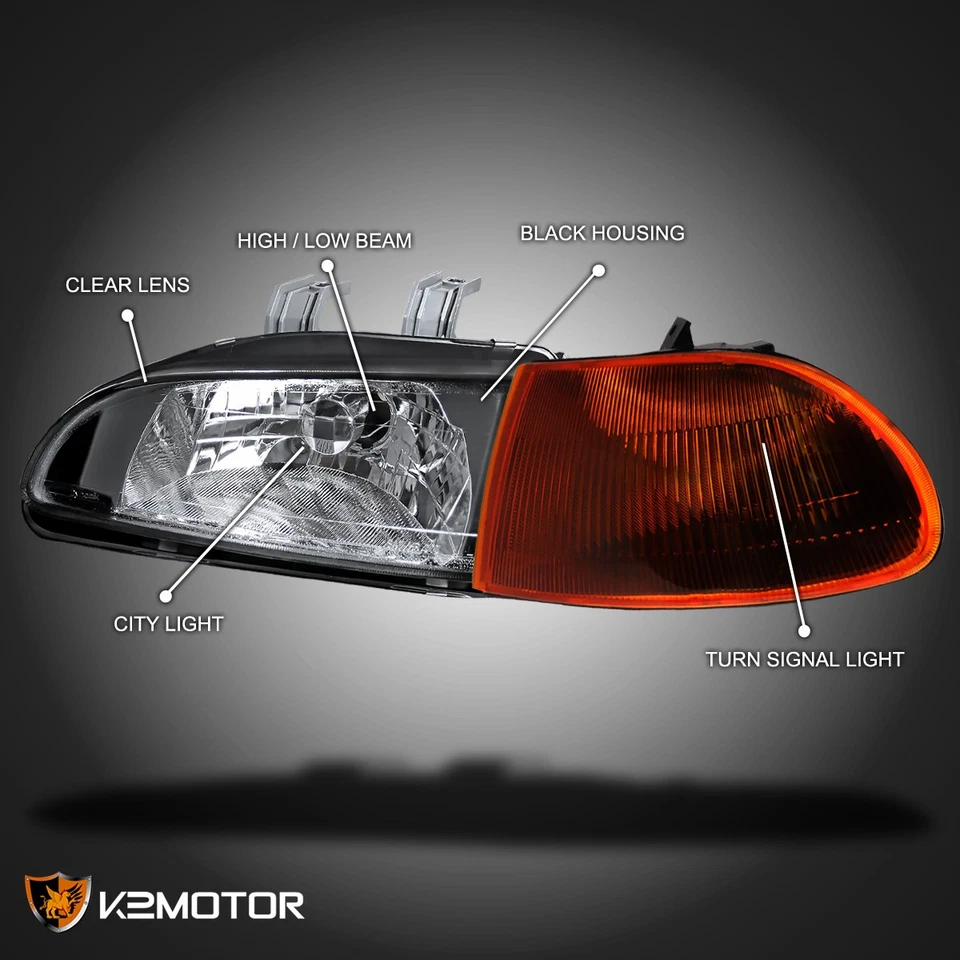 Fits 1992-1995 Honda Civic 4Dr EG EH Black Headlights+Smoke/Amber Corner Lamps Foto 3 de 4