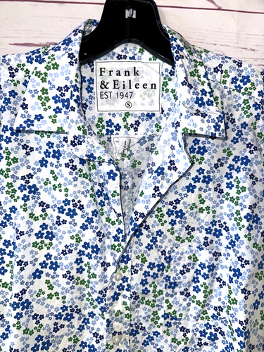 FRANK & EILEEN Size S Barry Floral Crinkle Cotton Shirt White Blue - Picture 2 of 10