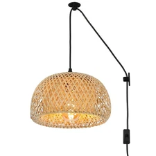Plug in Bamboo Pendant Light Fixture, Hand-Woven Rattan Chandeliers Ceiling P...
