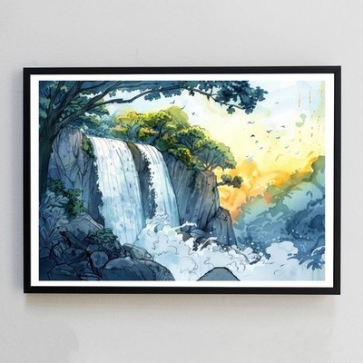 Wasserfall Fluss Landschaft Gemälde Natur Illustration A4 Wanddeko Kunstdruck