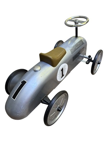 Vintage Style Speedster Silver Race Car Ride On No. 1 Pressed Steel Kids 30.5” L - Picture 3 of 7