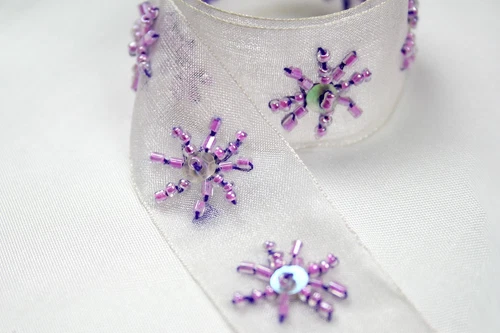 Unotrim 1"  Organza Lilac Ribbon  with Purple Glass Bugle Beads Sequin Trim