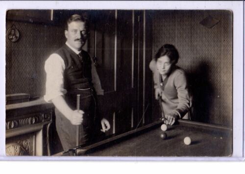 Real Photo Postcard RPPC - Man and Woman Playing Pool Billiards Sports - Picture 1 of 2