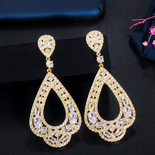 Pendientes colgantes largos de cristal de circonita cúbica azul enchapados en oro amarillo para mujer - Imagen 11 de 21