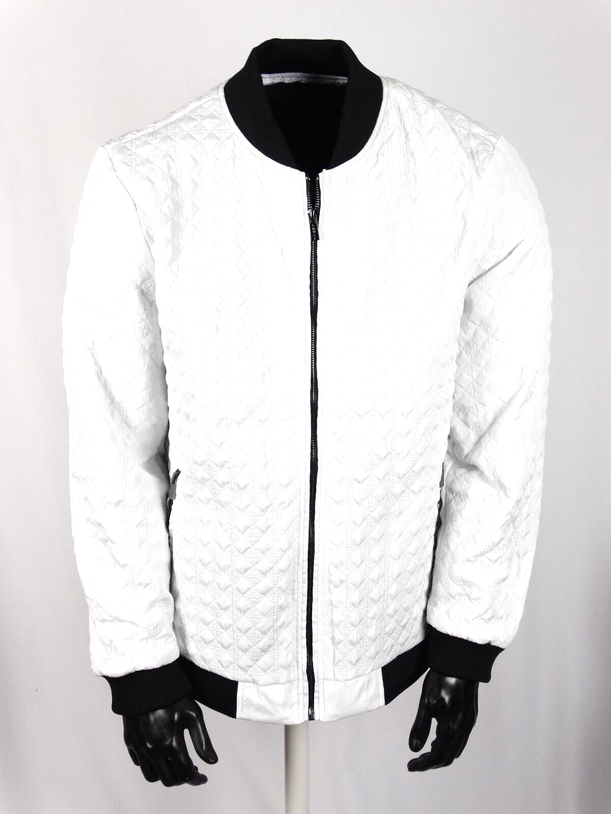 Puffer Jacket Men's White Italian Designer Quilted Diamond Zip Up Inside Pocket-image