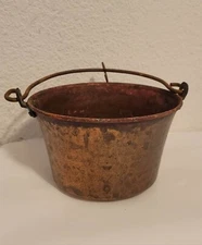 Antique Hand-Hammered Copper Pot with Iron Handle Rustic Cauldron Kettle 8"Wide