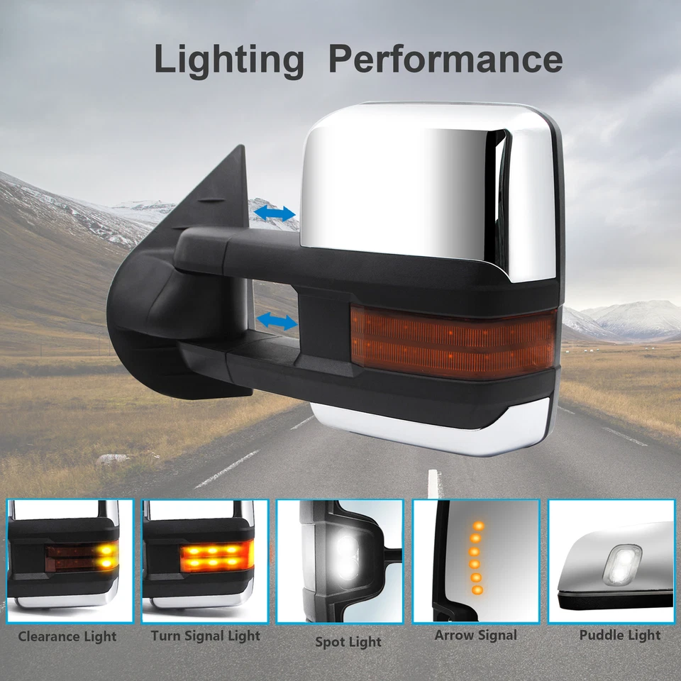 Pair Towing Mirrors fit 2007-2013 Chevy Silverado Heated Signal Chrome Cap — 第 3/4 张图片
