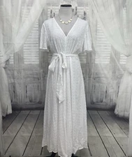 Preston York Size 16 White Dress Eyelet Midi Dress Flutter Sleeve Belted NEW B42