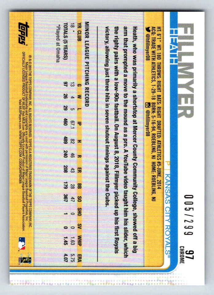 2019 Topps Chrome Purple Refractors #97 Heath Fillmyer 299 (ref 181529) - Image 2 of 2