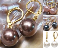 12mm Multicolor South Sea Shell Pearl Round Beads 14KGP Hook Dangle Earrings AA