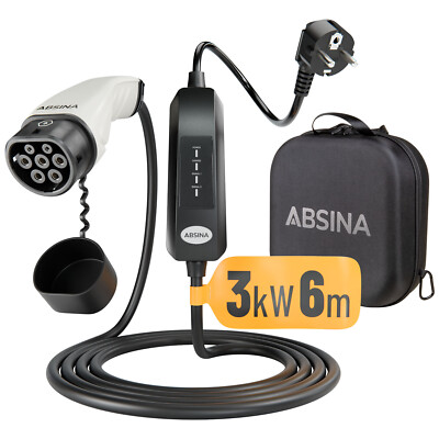 ABSINA Elektroauto Ladekabel Typ 2 Mode Schuko Stecker 6 Meter 1 phasig 3kW 13A