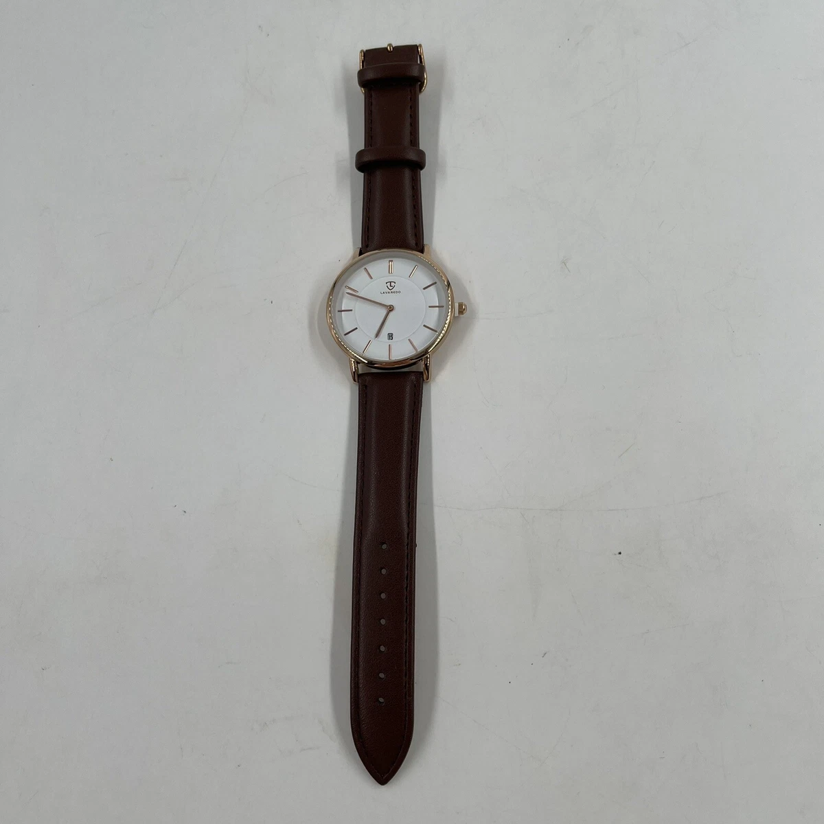 NEW Lavaredo Mens L6628 Brown Leather Quartz Analog White Dial Thin Wrist Watch