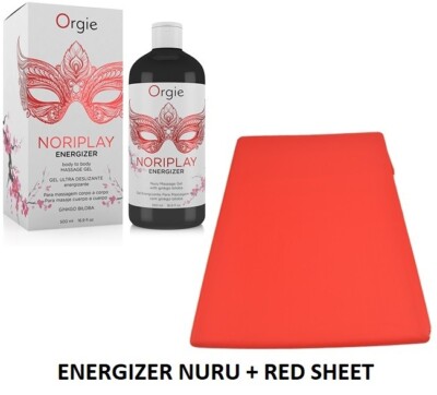 Orgie Noriplay Energizer Nuru Massagegel 500ml & Rot Wasserdicht Laken Set