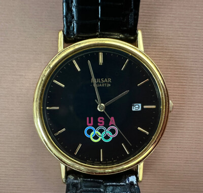 #ad #ad PULSAR Olympics USA Watch Quartz Gold Tone Black w Leather Band V722 8A30 $78.98