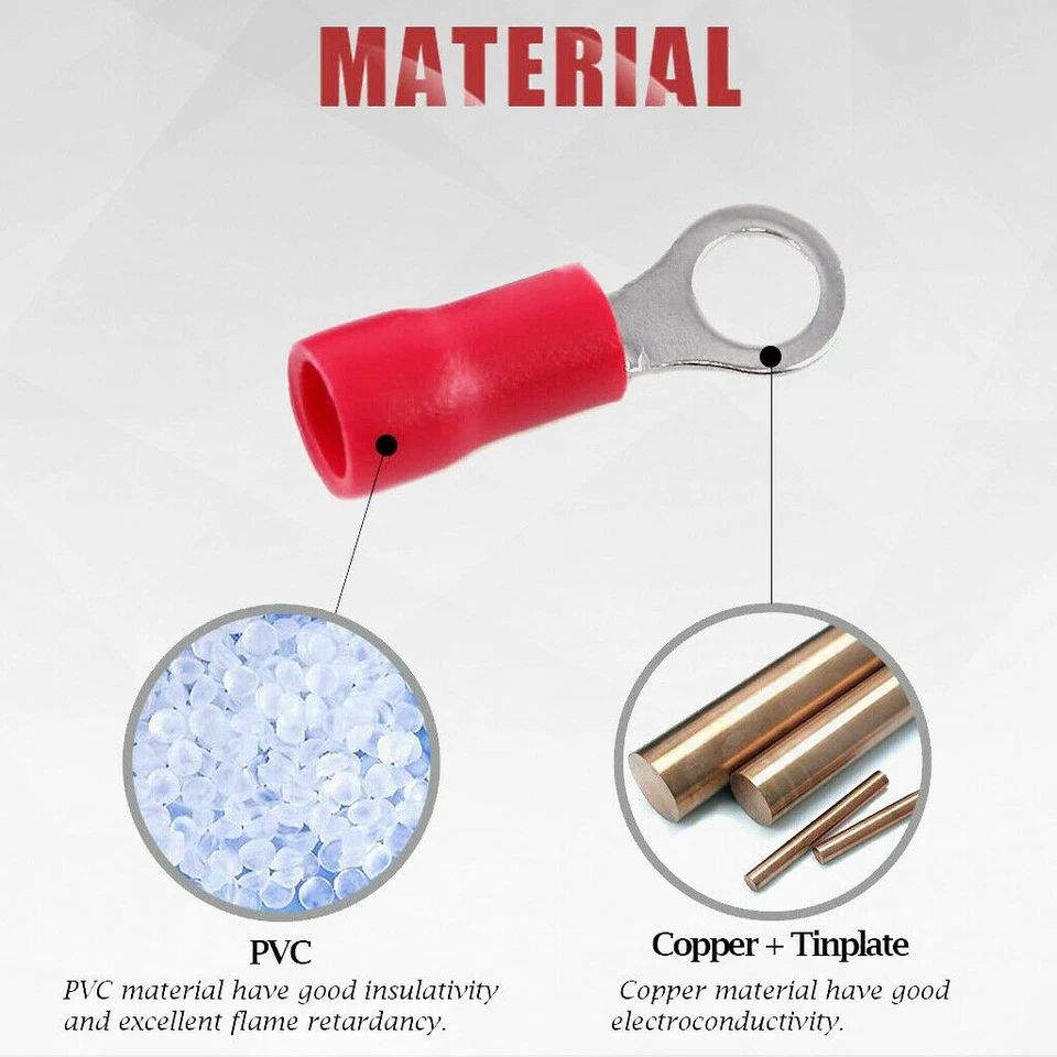 100/50PCS Car Ground Wire Ring Terminals Vinyl Red 22-16 Gauge AWG Ga Connectors - Image 2 of 4