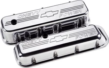 BILLET SPECIALTIES "CHEVY POWER" POLISHED ALUMINUM BBC SHORT VALVE COVERS,CHEVY