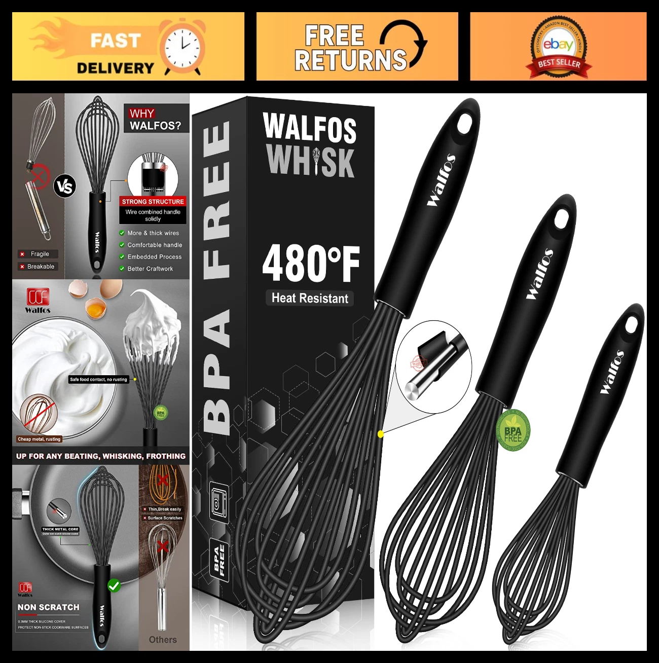 Silicone & Stainless Steel Whisk Set of 3 - Heat Resistant 480°F, Non-Stick Kitc