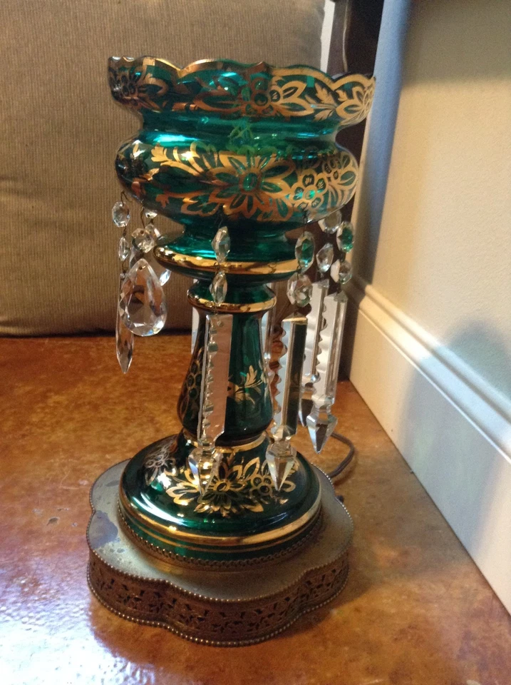 Antique Chech Bohemian Hand Painted Emerald Green Glass Art Luster Table Lamp - Image 4 of 4