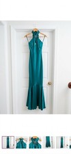 Vintage 90s Y2K Rampage Green Halter Cut Bow Open Back Gown Prom Dress Formal
