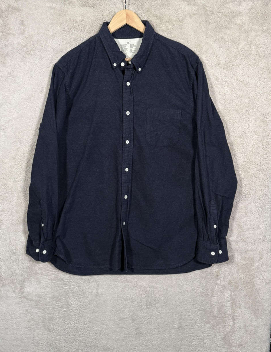 MUJI Shirt Mens XL Navy Blue Button Front Long Sleeve Cotton Chest Pocket Soft