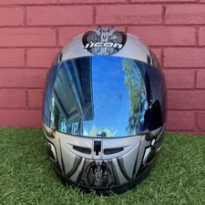 ICON Speadfreak Full Face Motorcycle Helmet Silver Graphic Blue Shield Small