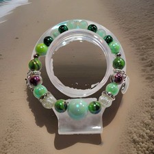 Green Round Bead Stretch Charm Bracelet w/ Si...