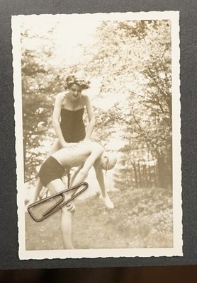 Photo Portrait Man Camping Swim Trunks Camping Woman Model Old Sports Topless Picture