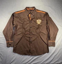 Knockout Men’s XL Long Sleeve Button Up Brown Embroidered Y2K Rock Revival 