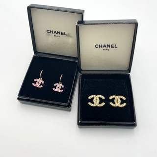 Auth Chanel Rhinestone Coco hoop pink 05P/GP Earrings engraved 2PCS W/B BA070049