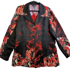 Citron Santa Monica Jacket Women S Silk/Rayon Asian Fish Black/Red Floral Blazer