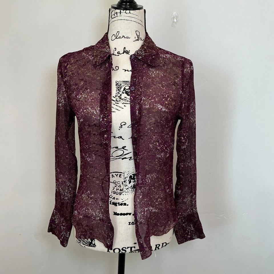 Blusa Top Eddie Bauer de Seda con Botones para Mujer Pequeña Púrpura Estampado Abstracto Foto 3 de 4