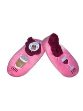 Snoozies Cozy Plush Pink Comfort Grip Slippers Sz M 7/8 AM/PM Coffee Wine Theme
