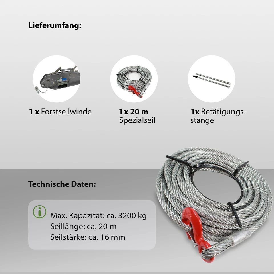 Seilzug Seilwinde Forstseilwinde Greifzug Offroad Winde 3200kg 3,2 t to 20m Seil - Bild 4 von 4