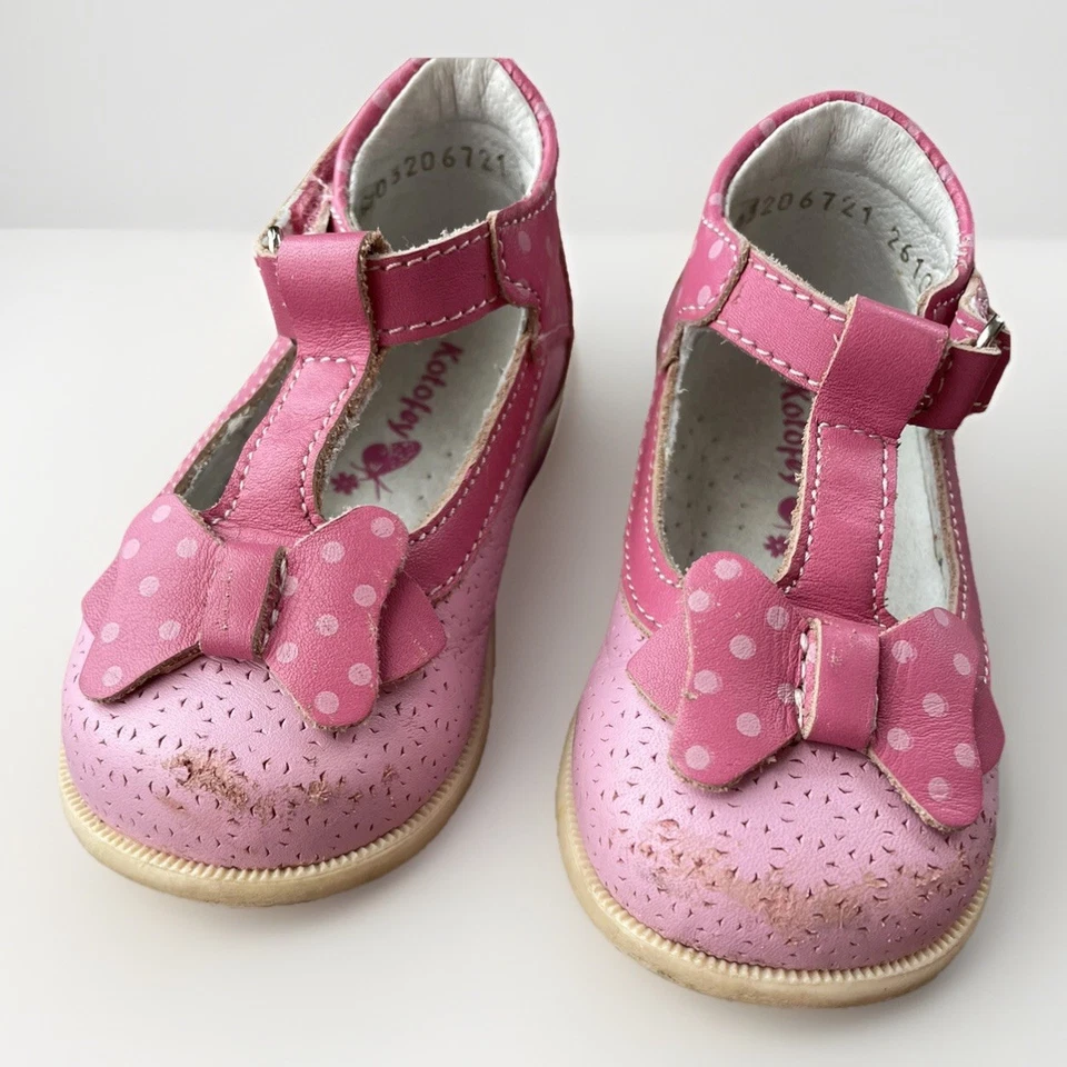 Zapatos Kotofey Rosa Lunares Niñas Niño 21 EE. UU. Talla 5.5 Cuero Maryjane Bow Foto 2 de 4