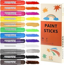 12 Colors Tempera Paint Sticks, No Mess, Quick-Drying & Non-Toxic Art Supplies, 