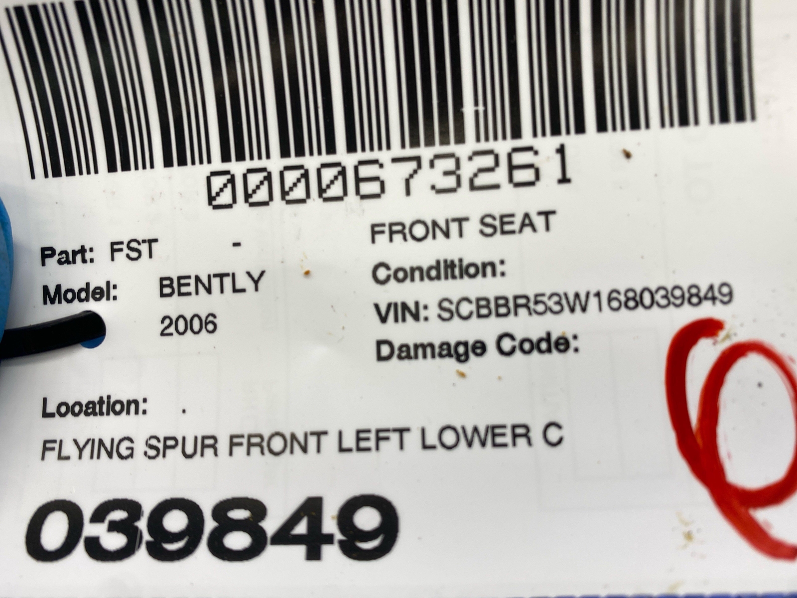 2006-2012 BENTLEY CONTINENTAL FLYING SPUR FRONT LEFT LOWER SEAT CUSHION OEM